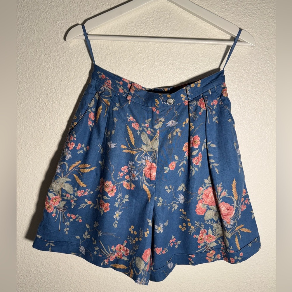 Ralph Lauren High Waisted Pleated Linen Shorts Blue Floral